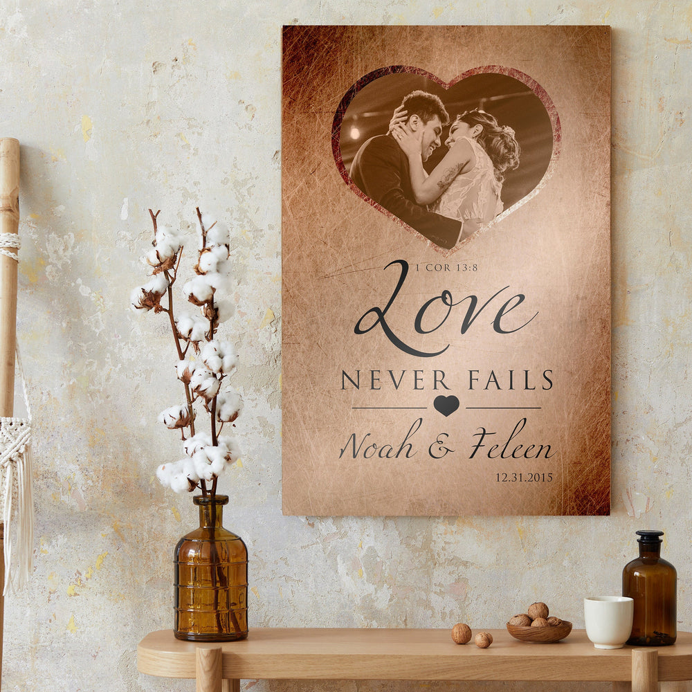 
                  
                    Love Never Fails Photo Sign, Personalized Anniversary plaque, 1 Cor 13 Art, Custom Copper Gift, Heart framed photo, Est Sign for couple
                  
                