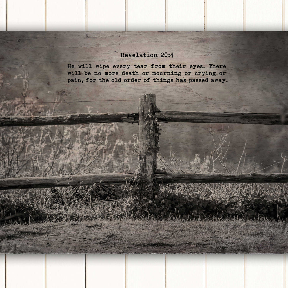 
                  
                    Wood Inspired Scripture Art: Revelation 21:4 on Canvas - Hunnycomb Proverbs - Wedding gift ideas - paper anniversary gifts 
                  
                